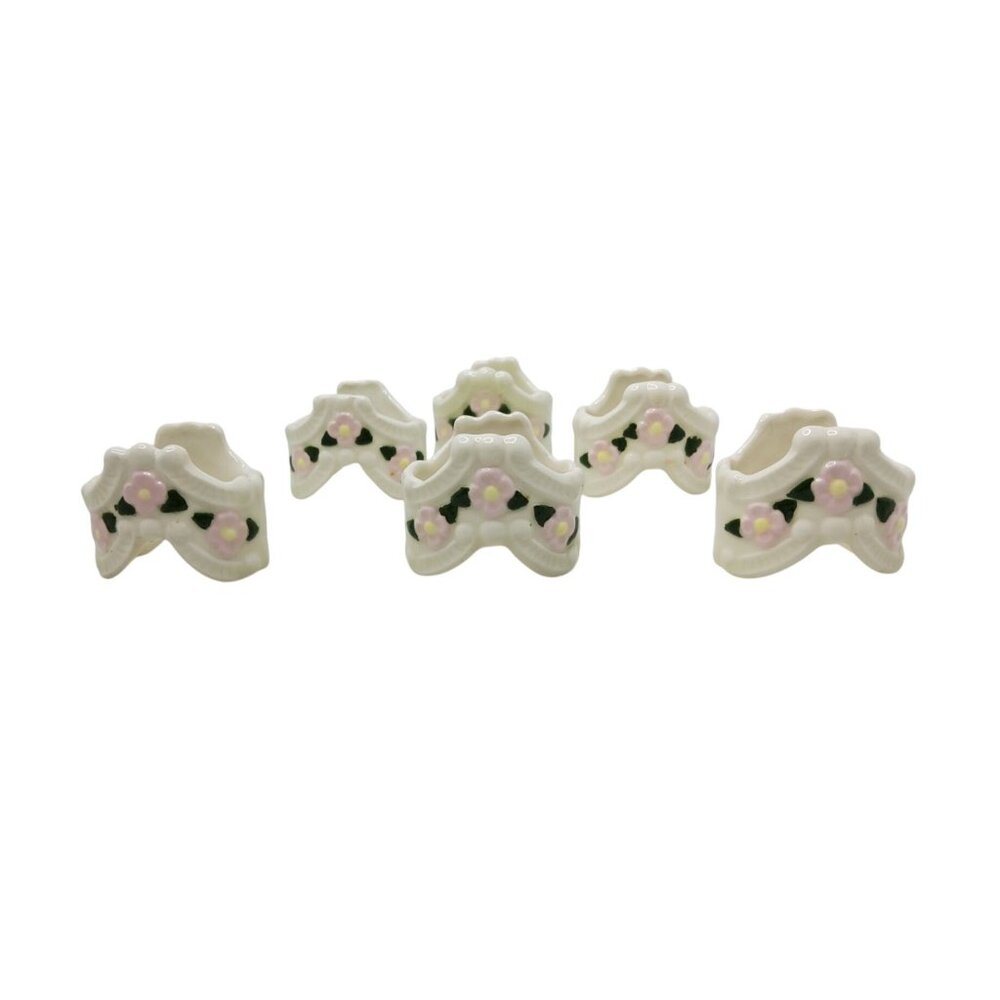 Set Of 6 Vintage Porcelain Floral Napkin Rings
